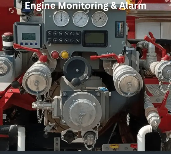 A fire engine displaying the text 'Engine Monitoring & Alarm' for operational awareness